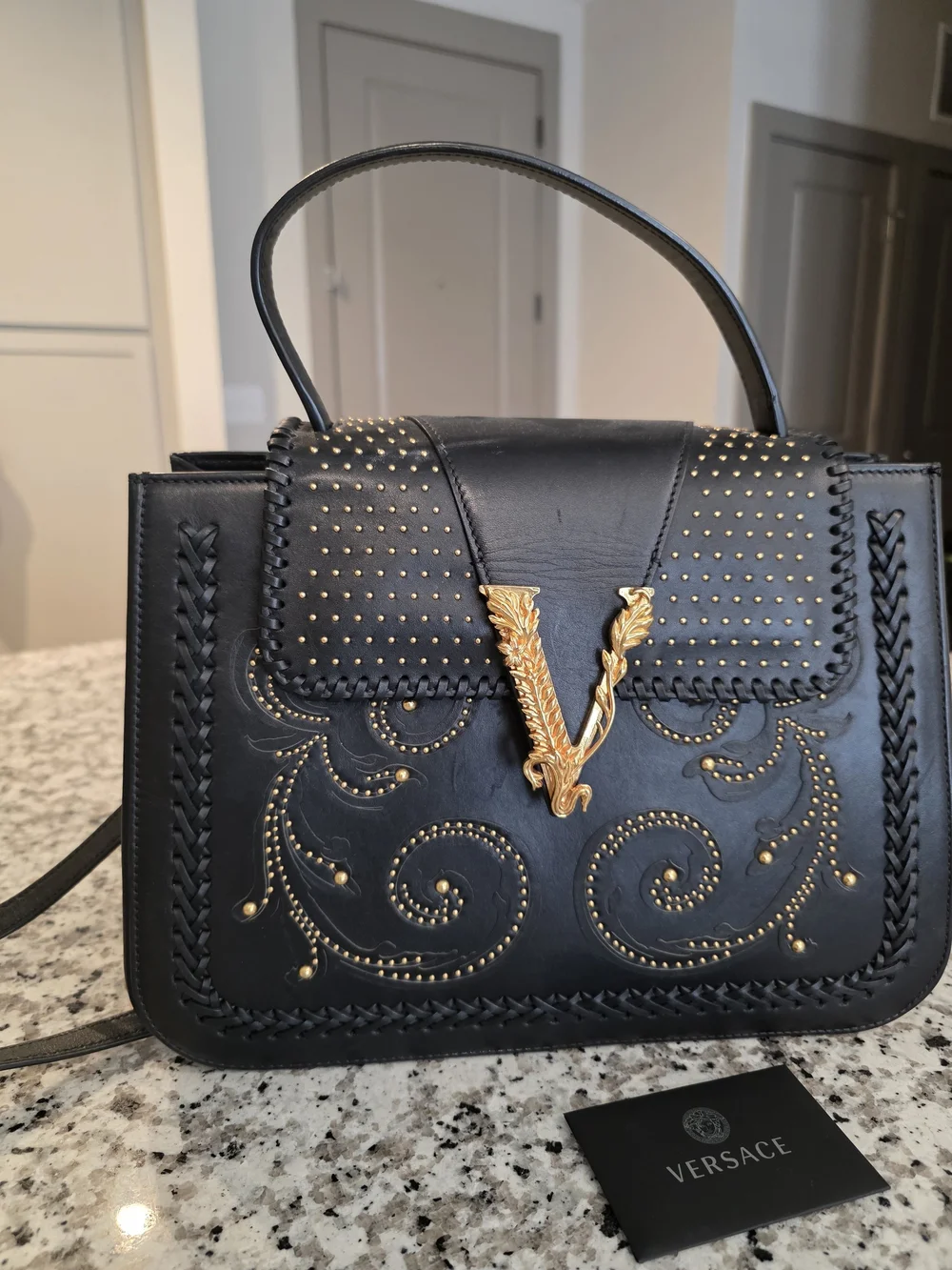 Versace Black Leather Satchel with Gold V Leaf Emblem